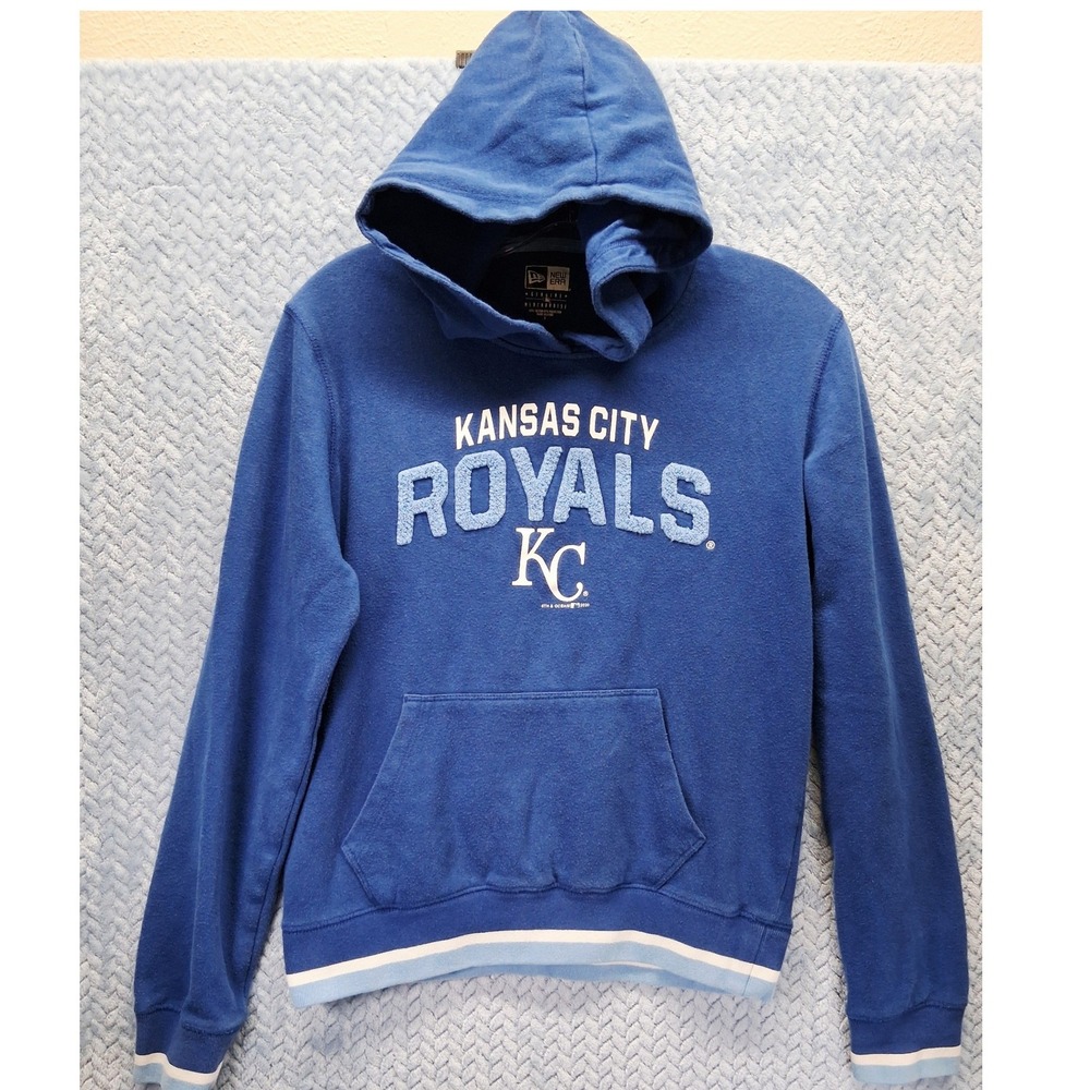 New Era Kansas City Royals MLB Hoodie Blue Chenille Patch Pullover Mens Small